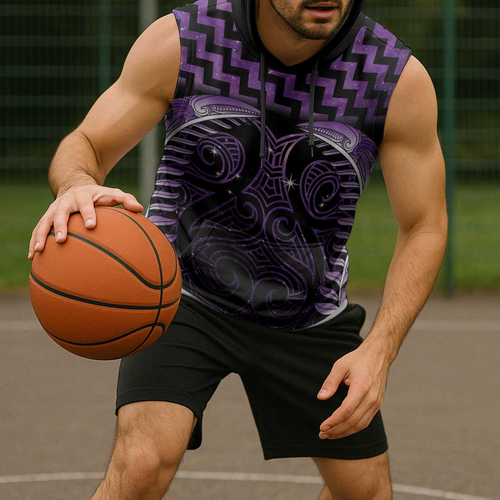 Purple Matariki New Zealand Sleeveless Hoodie Maori Poutama Galaxy Vibes - Polynesian Pride