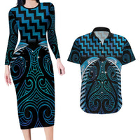 Blue Matariki New Zealand Couples Matching Long Sleeve Bodycon Dress and Hawaiian Shirt Maori Poutama Galaxy Vibes LT14 Blue - Polynesian Pride
