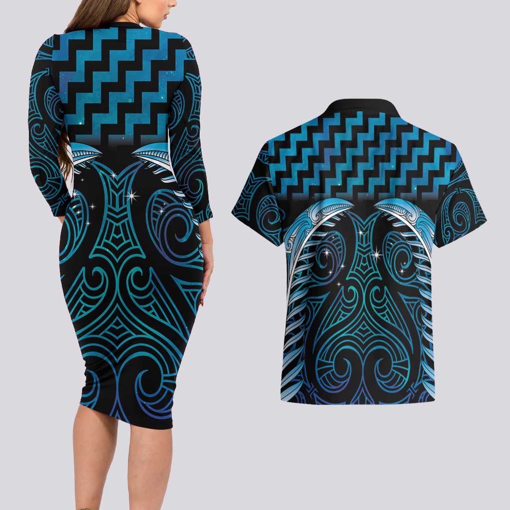 Blue Matariki New Zealand Couples Matching Long Sleeve Bodycon Dress and Hawaiian Shirt Maori Poutama Galaxy Vibes LT14 - Polynesian Pride