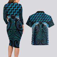 Blue Matariki New Zealand Couples Matching Long Sleeve Bodycon Dress and Hawaiian Shirt Maori Poutama Galaxy Vibes LT14 - Polynesian Pride