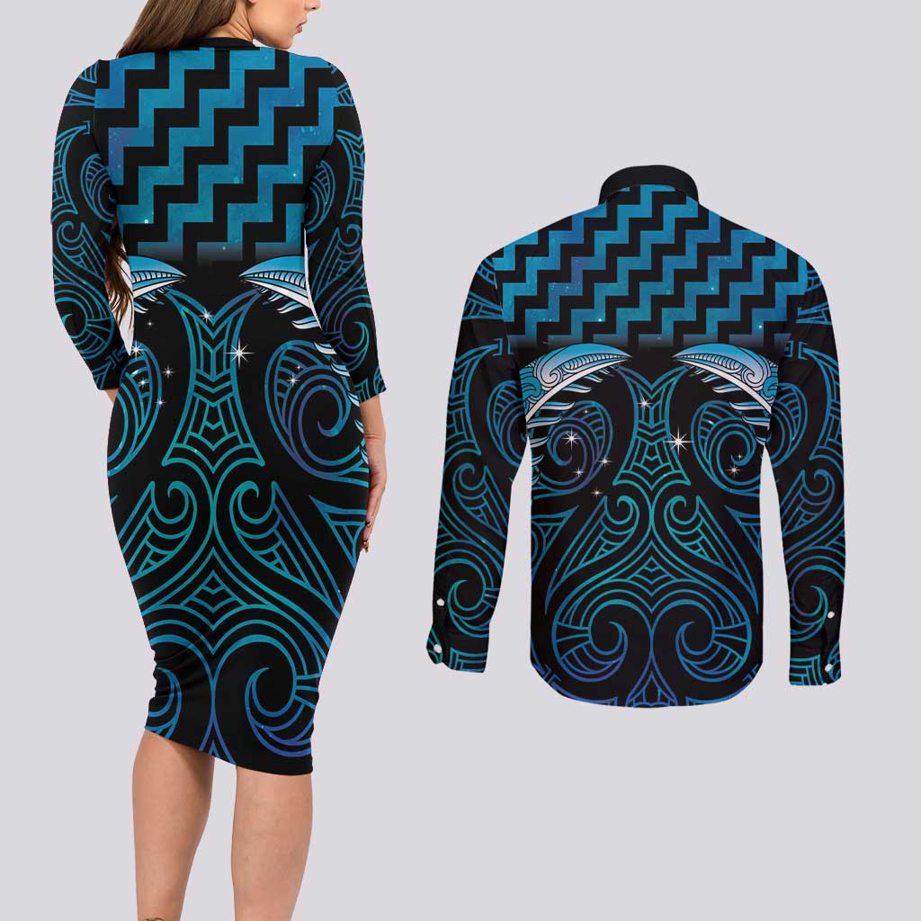 Blue Matariki New Zealand Couples Matching Long Sleeve Bodycon Dress and Long Sleeve Button Shirt Maori Poutama Galaxy Vibes LT14 - Polynesian Pride