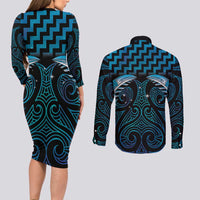 Blue Matariki New Zealand Couples Matching Long Sleeve Bodycon Dress and Long Sleeve Button Shirt Maori Poutama Galaxy Vibes LT14 - Polynesian Pride