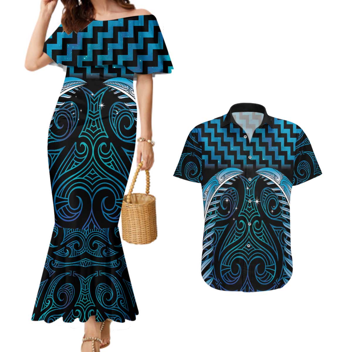 Blue Matariki New Zealand Couples Matching Mermaid Dress and Hawaiian Shirt Maori Poutama Galaxy Vibes LT14 Blue - Polynesian Pride