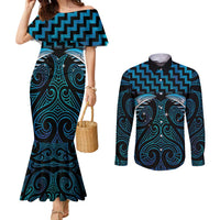 Blue Matariki New Zealand Couples Matching Mermaid Dress and Long Sleeve Button Shirt Maori Poutama Galaxy Vibes LT14 Blue - Polynesian Pride