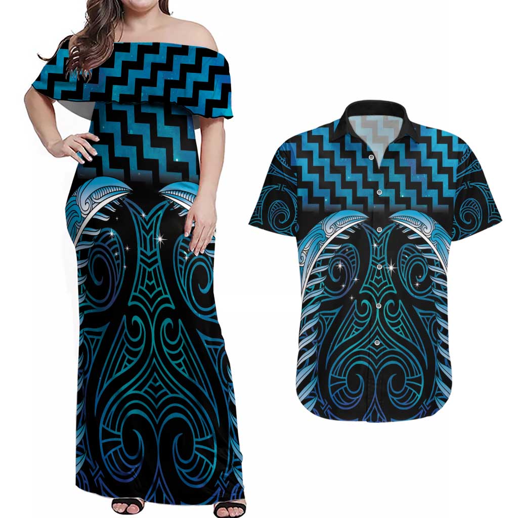 Blue Matariki New Zealand Couples Matching Off Shoulder Maxi Dress and Hawaiian Shirt Maori Poutama Galaxy Vibes LT14 Blue - Polynesian Pride
