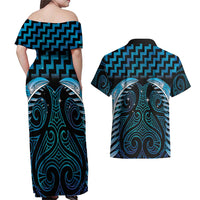 Blue Matariki New Zealand Couples Matching Off Shoulder Maxi Dress and Hawaiian Shirt Maori Poutama Galaxy Vibes LT14 - Polynesian Pride