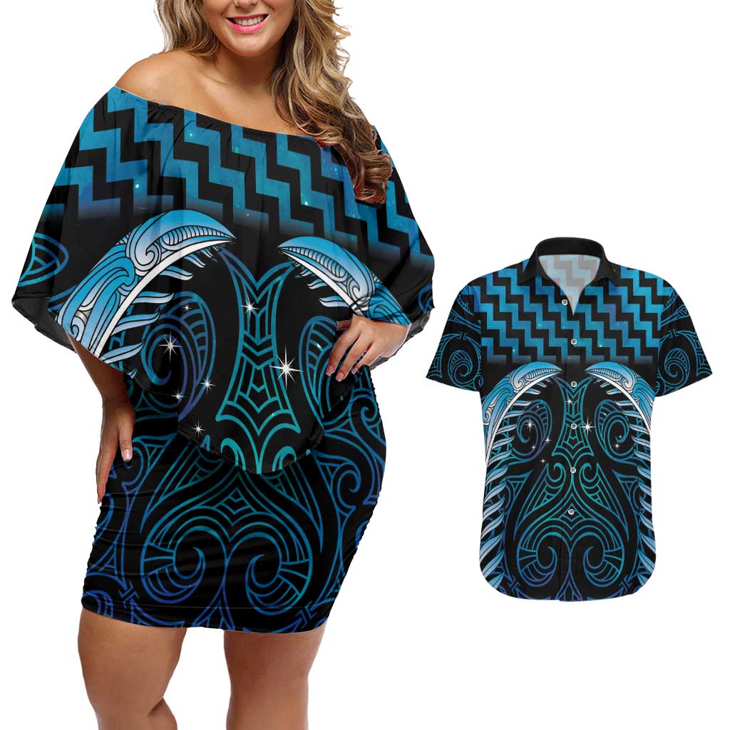 Blue Matariki New Zealand Couples Matching Off Shoulder Short Dress and Hawaiian Shirt Maori Poutama Galaxy Vibes LT14 Blue - Polynesian Pride