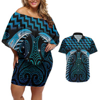 Blue Matariki New Zealand Couples Matching Off Shoulder Short Dress and Hawaiian Shirt Maori Poutama Galaxy Vibes LT14 Blue - Polynesian Pride