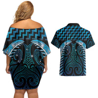 Blue Matariki New Zealand Couples Matching Off Shoulder Short Dress and Hawaiian Shirt Maori Poutama Galaxy Vibes LT14 - Polynesian Pride
