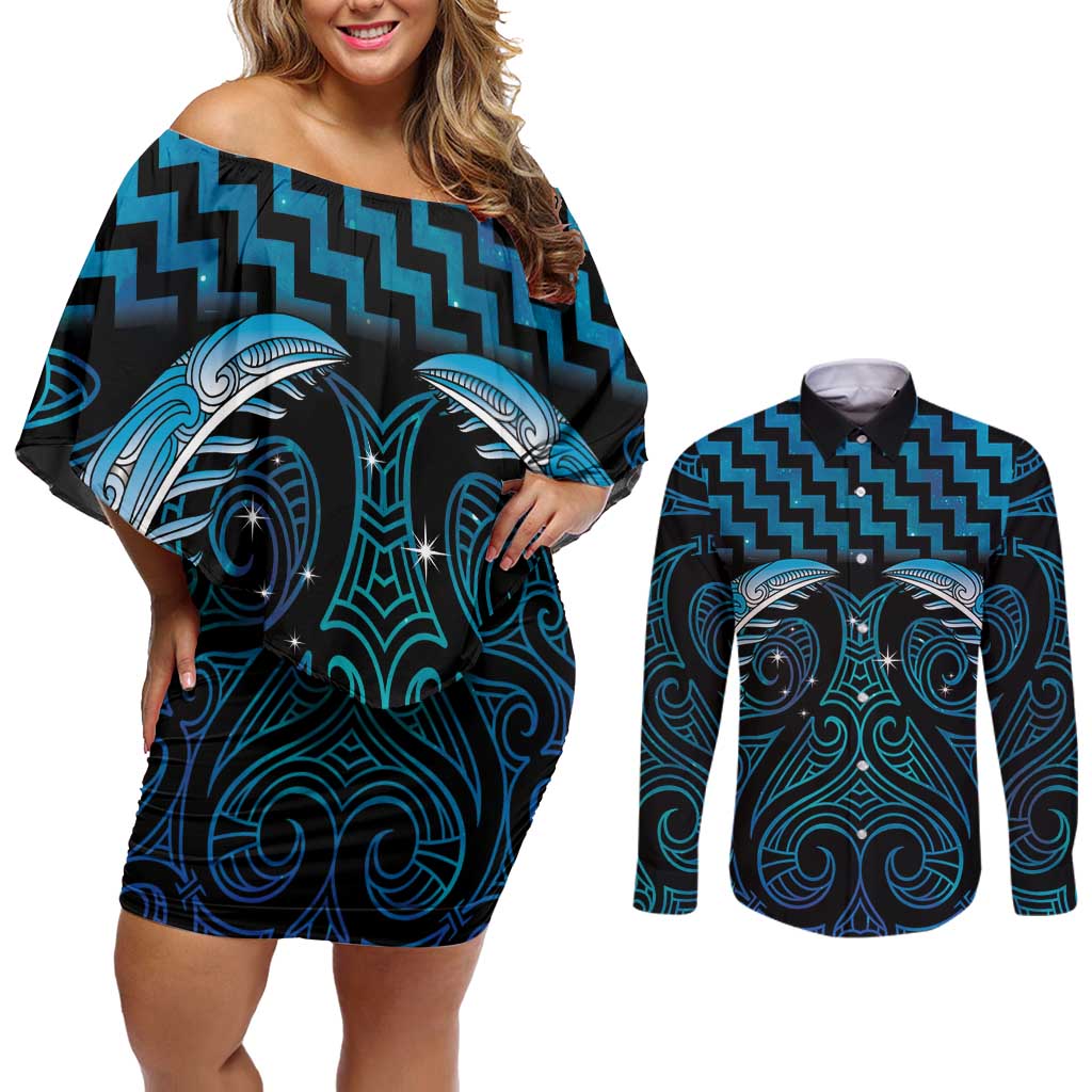 Blue Matariki New Zealand Couples Matching Off Shoulder Short Dress and Long Sleeve Button Shirt Maori Poutama Galaxy Vibes LT14 Blue - Polynesian Pride
