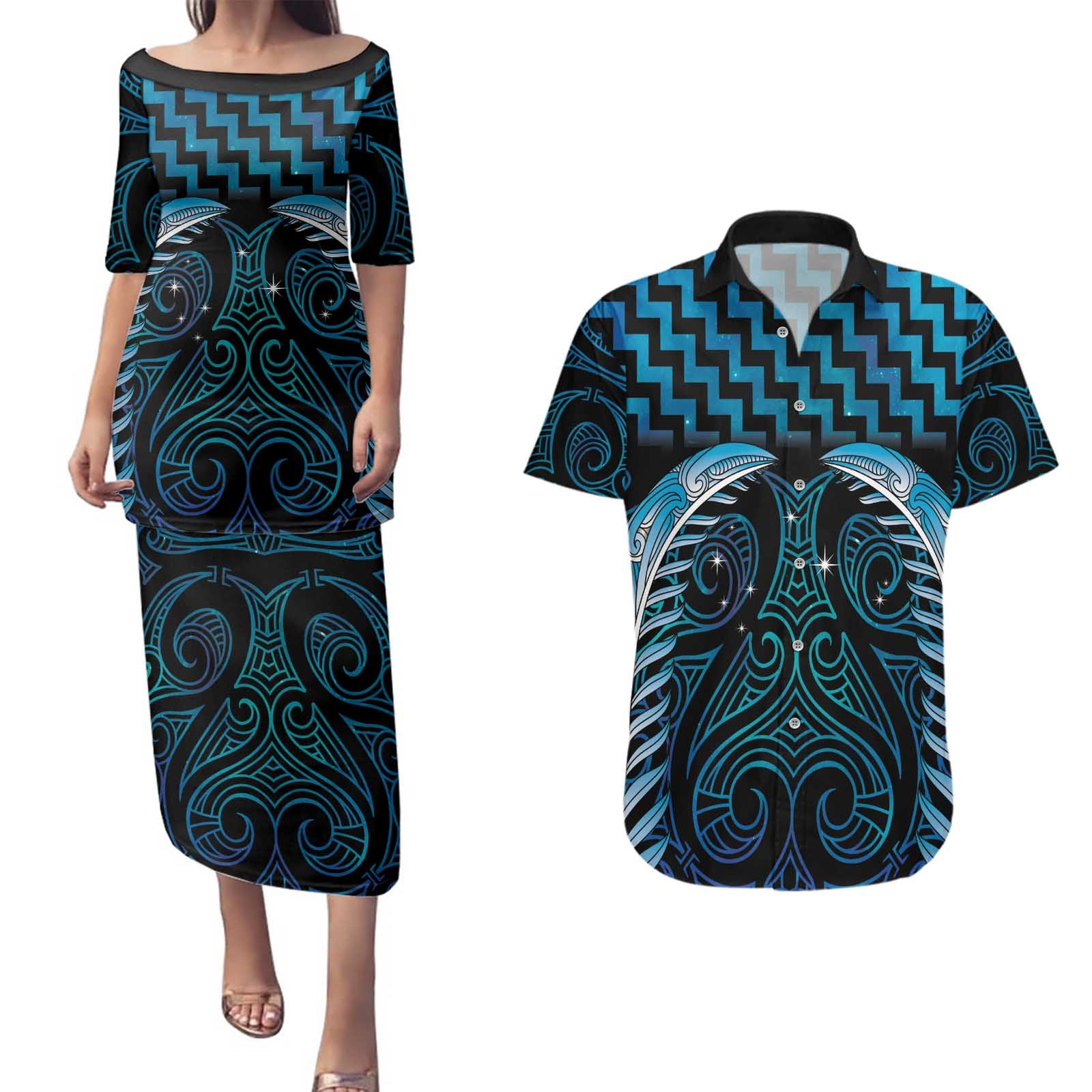 Blue Matariki New Zealand Couples Matching Puletasi and Hawaiian Shirt Maori Poutama Galaxy Vibes