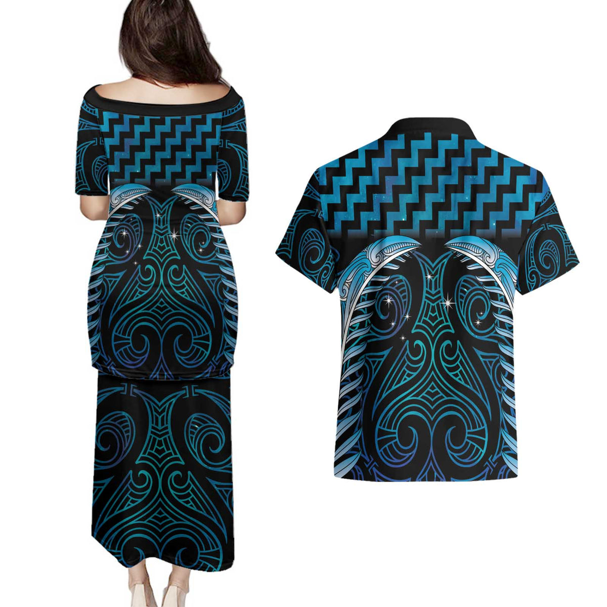 Blue Matariki New Zealand Couples Matching Puletasi and Hawaiian Shirt Maori Poutama Galaxy Vibes LT14 - Polynesian Pride
