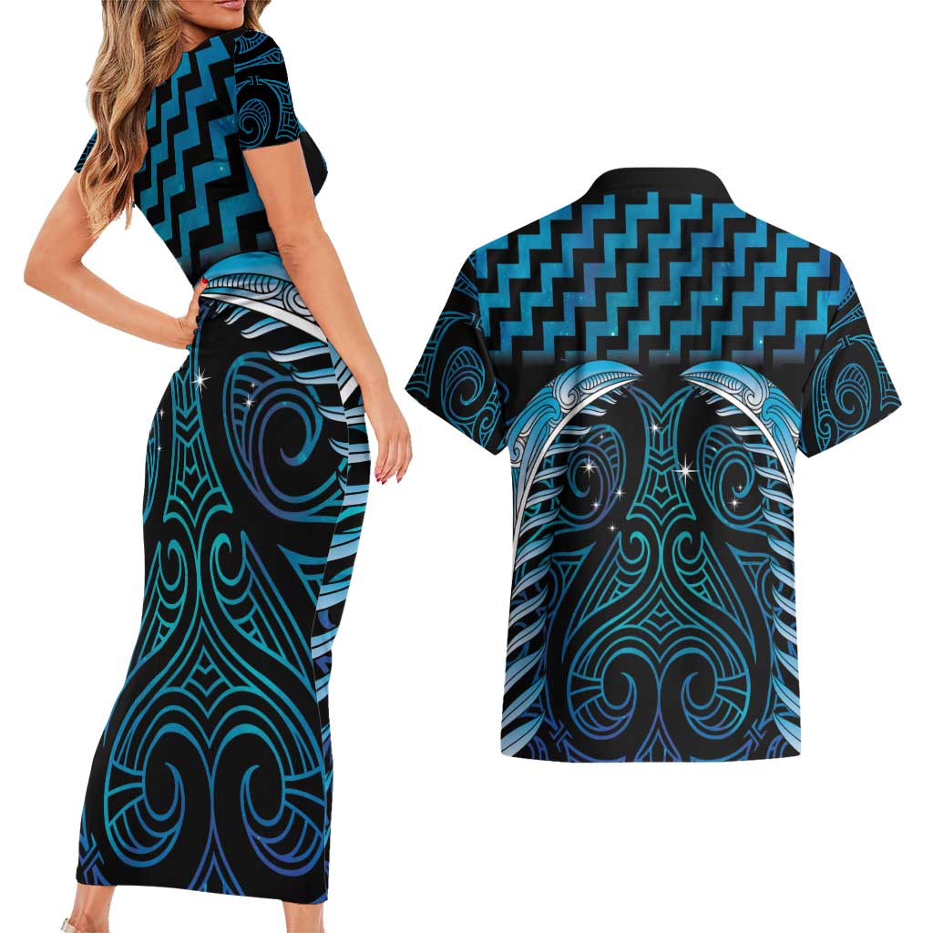 Blue Matariki New Zealand Couples Matching Short Sleeve Bodycon Dress and Hawaiian Shirt Maori Poutama Galaxy Vibes LT14 - Polynesian Pride