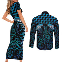 Blue Matariki New Zealand Couples Matching Short Sleeve Bodycon Dress and Long Sleeve Button Shirt Maori Poutama Galaxy Vibes LT14 - Polynesian Pride