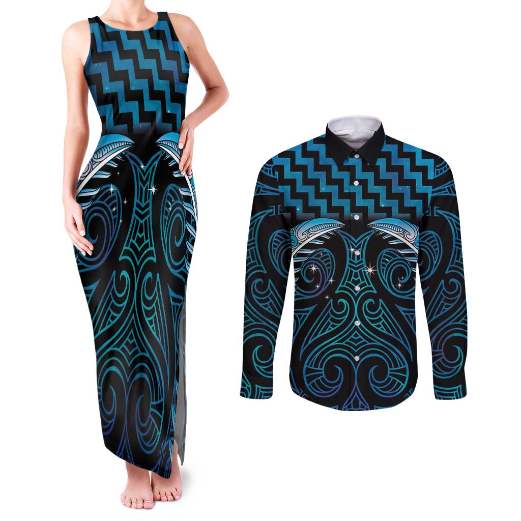 Blue Matariki New Zealand Couples Matching Tank Maxi Dress and Long Sleeve Button Shirt Maori Poutama Galaxy Vibes LT14 Blue - Polynesian Pride