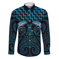 Blue Matariki New Zealand Family Matching Long Sleeve Bodycon Dress and Hawaiian Shirt Maori Poutama Galaxy Vibes LT14 Dad's Shirt - Long Sleeve Blue - Polynesian Pride