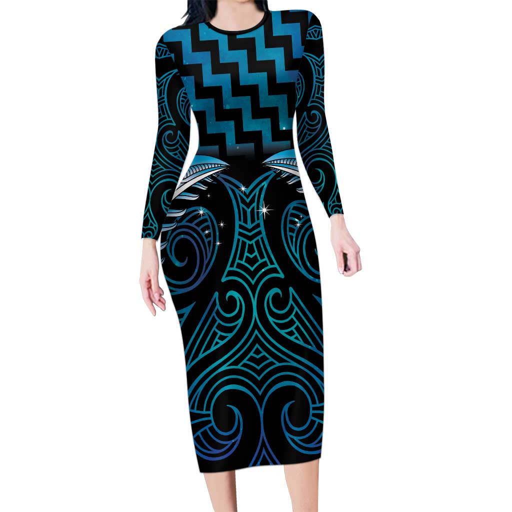 Blue Matariki New Zealand Family Matching Long Sleeve Bodycon Dress and Hawaiian Shirt Maori Poutama Galaxy Vibes LT14 Mom's Dress Blue - Polynesian Pride