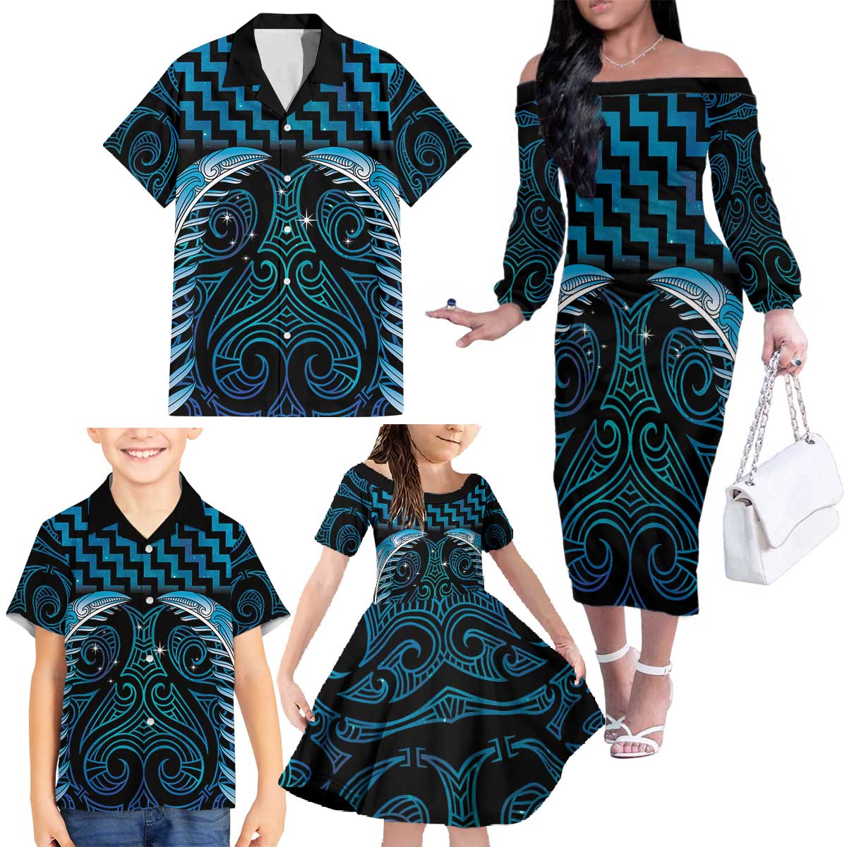 Blue Matariki New Zealand Family Matching Off The Shoulder Long Sleeve Dress and Hawaiian Shirt Maori Poutama Galaxy Vibes LT14 - Polynesian Pride