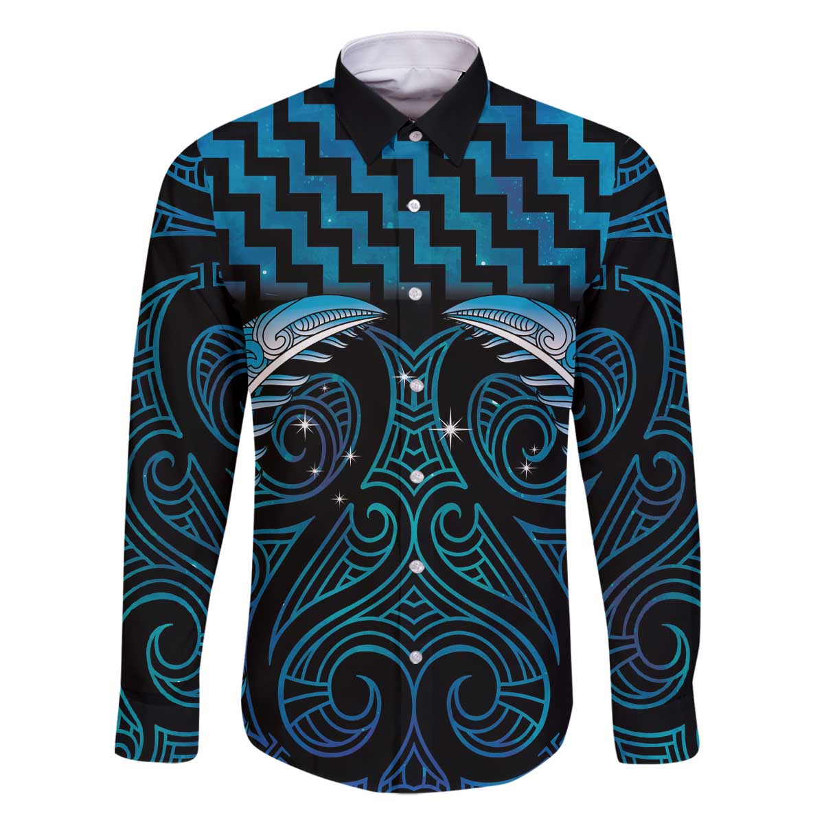 Blue Matariki New Zealand Family Matching Off The Shoulder Long Sleeve Dress and Hawaiian Shirt Maori Poutama Galaxy Vibes LT14 Dad's Shirt - Long Sleeve Blue - Polynesian Pride
