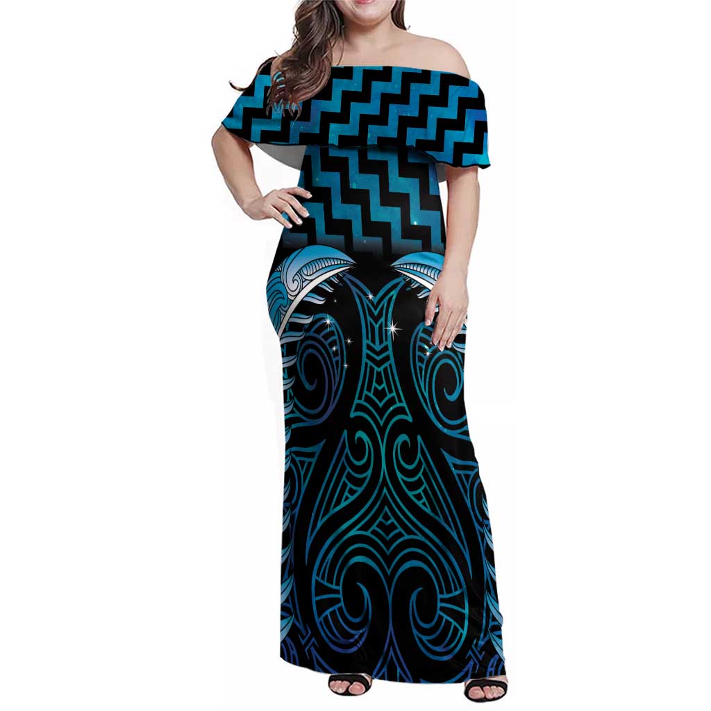 Blue Matariki New Zealand Family Matching Off Shoulder Maxi Dress and Hawaiian Shirt Maori Poutama Galaxy Vibes LT14 Mom's Dress Blue - Polynesian Pride