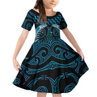 Blue Matariki New Zealand Family Matching Off Shoulder Short Dress and Hawaiian Shirt Maori Poutama Galaxy Vibes LT14 Daughter's Dress Blue - Polynesian Pride