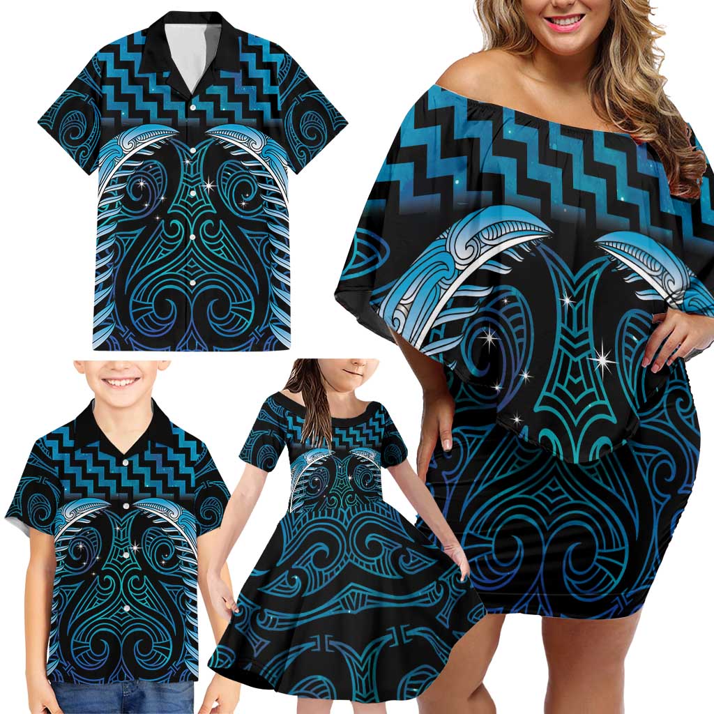 Blue Matariki New Zealand Family Matching Off Shoulder Short Dress and Hawaiian Shirt Maori Poutama Galaxy Vibes LT14 - Polynesian Pride