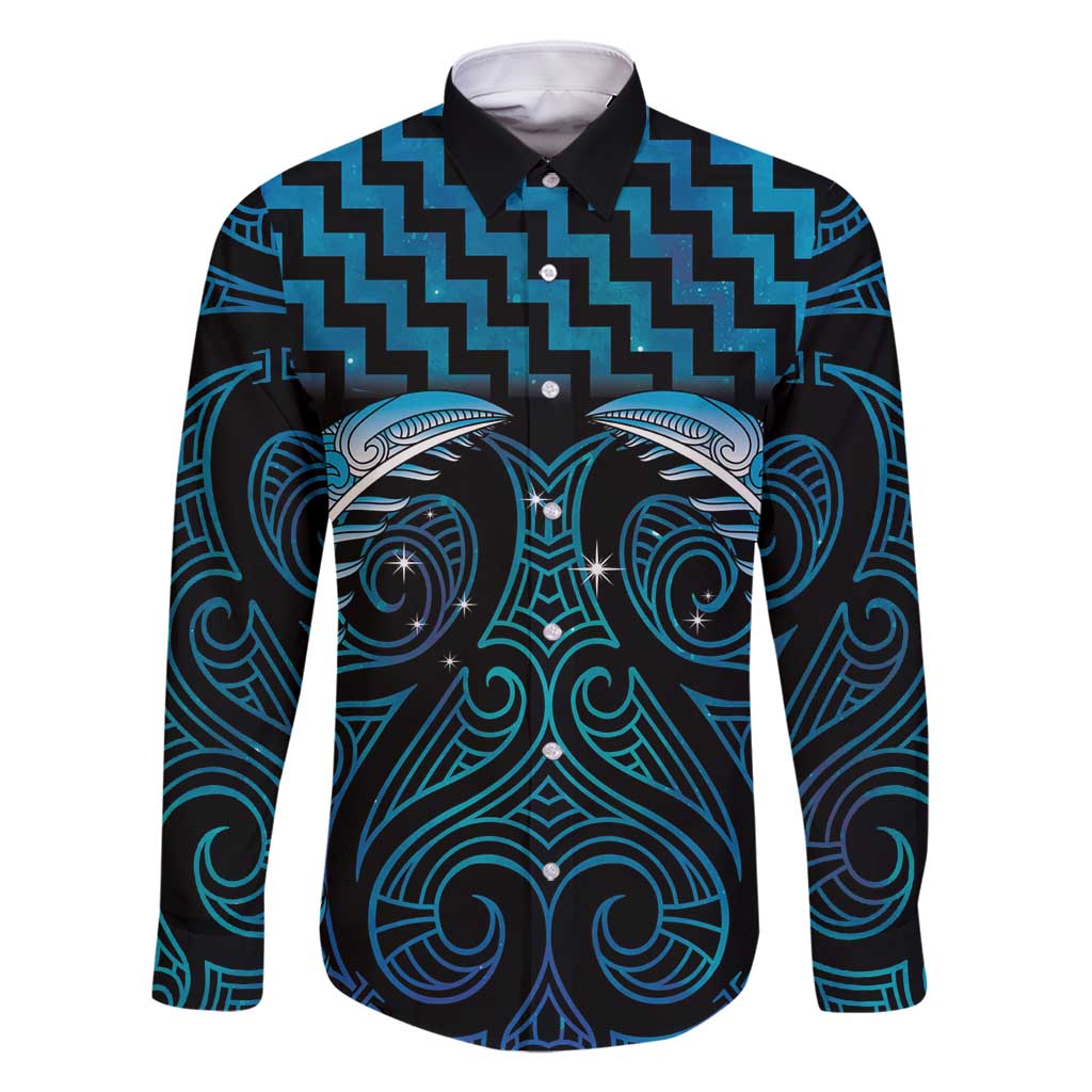 Blue Matariki New Zealand Family Matching Off Shoulder Short Dress and Hawaiian Shirt Maori Poutama Galaxy Vibes LT14 Dad's Shirt - Long Sleeve Blue - Polynesian Pride