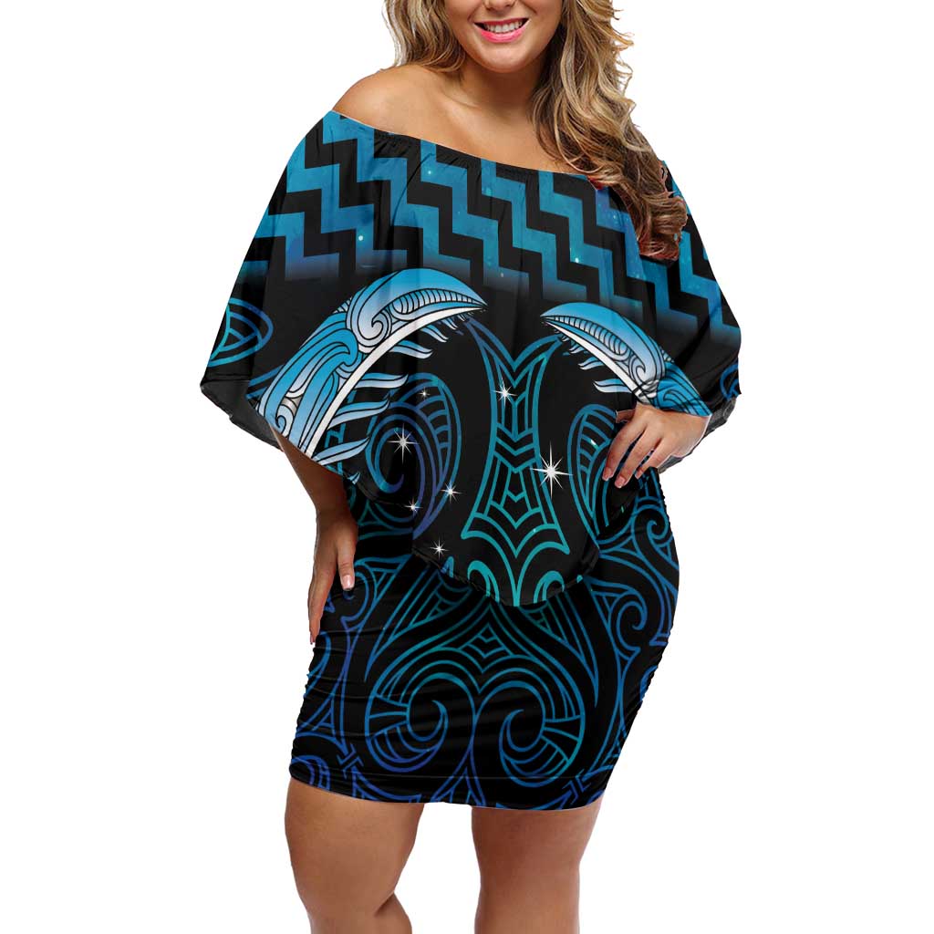 Blue Matariki New Zealand Family Matching Off Shoulder Short Dress and Hawaiian Shirt Maori Poutama Galaxy Vibes LT14 Mom's Dress Blue - Polynesian Pride