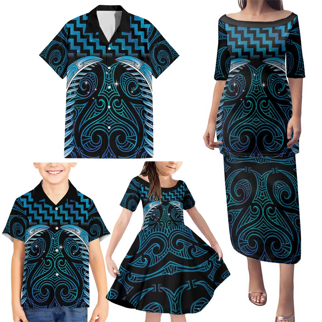 Blue Matariki New Zealand Family Matching Puletasi and Hawaiian Shirt Maori Poutama Galaxy Vibes LT14 - Polynesian Pride