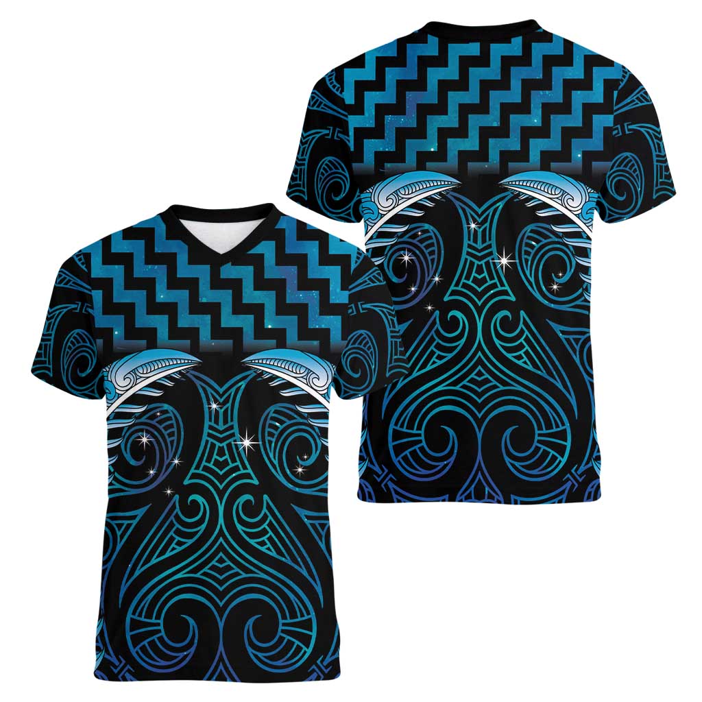 Blue Matariki New Zealand Women V-Neck T-Shirt Maori Poutama Galaxy Vibes LT14 - Polynesian Pride