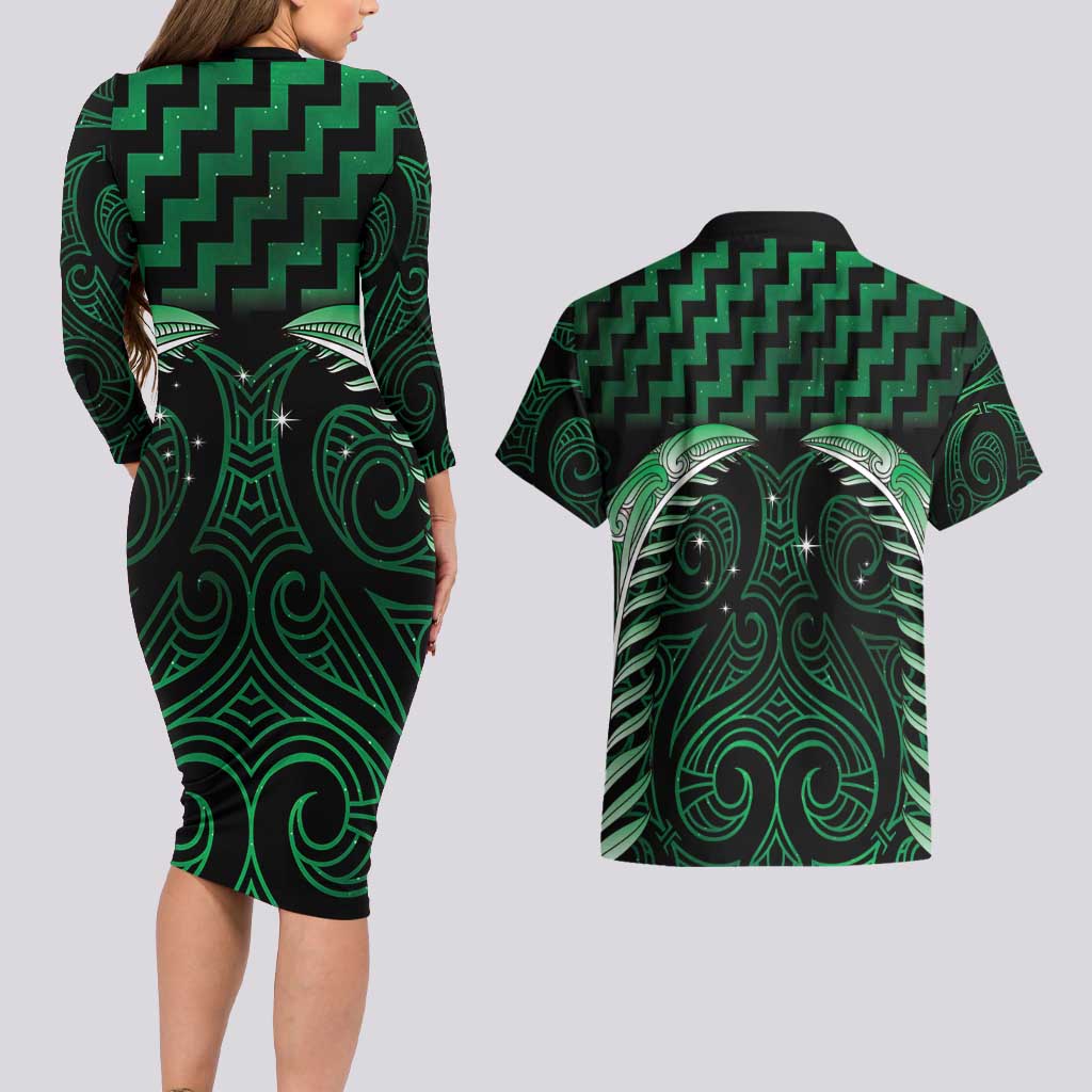 Green Matariki New Zealand Couples Matching Long Sleeve Bodycon Dress and Hawaiian Shirt Maori Poutama Galaxy Vibes LT14 - Polynesian Pride