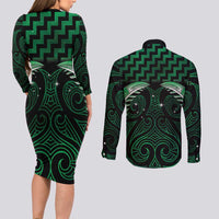 Green Matariki New Zealand Couples Matching Long Sleeve Bodycon Dress and Long Sleeve Button Shirt Maori Poutama Galaxy Vibes LT14 - Polynesian Pride