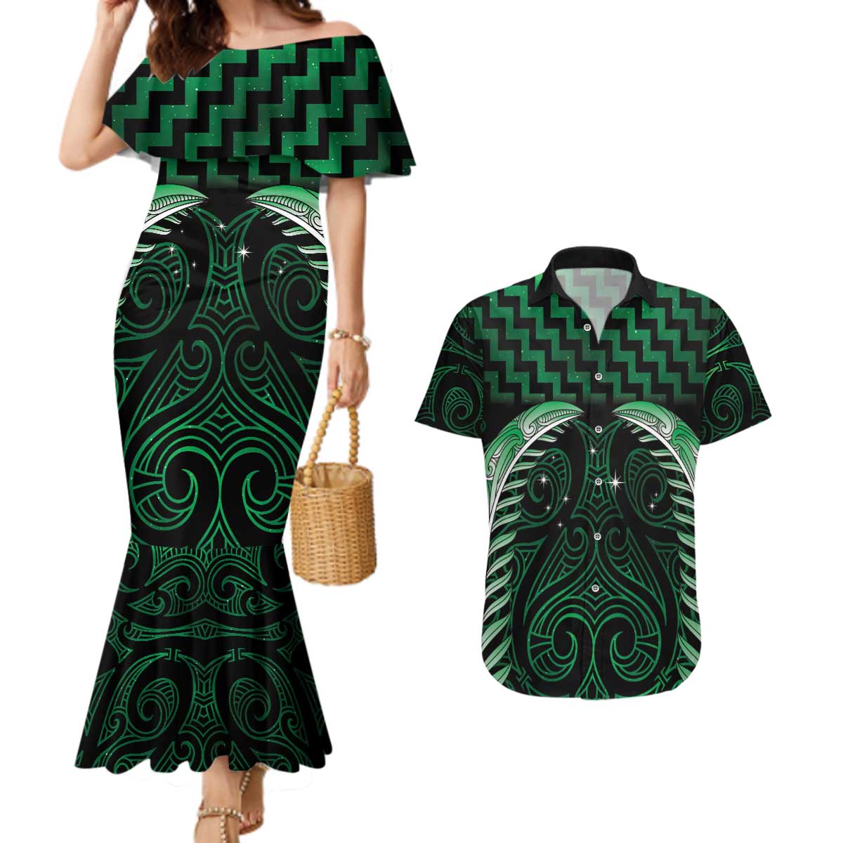 Green Matariki New Zealand Couples Matching Mermaid Dress and Hawaiian Shirt Maori Poutama Galaxy Vibes