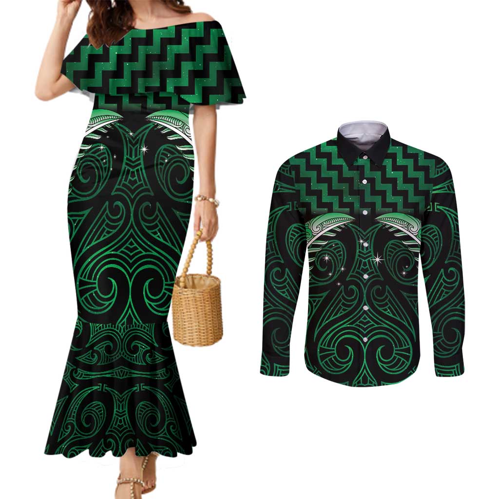 Green Matariki New Zealand Couples Matching Mermaid Dress and Long Sleeve Button Shirt Maori Poutama Galaxy Vibes