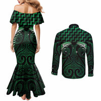 Green Matariki New Zealand Couples Matching Mermaid Dress and Long Sleeve Button Shirt Maori Poutama Galaxy Vibes LT14 - Polynesian Pride