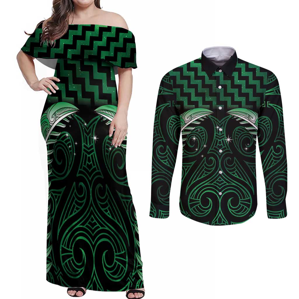 Green Matariki New Zealand Couples Matching Off Shoulder Maxi Dress and Long Sleeve Button Shirt Maori Poutama Galaxy Vibes LT14 Green - Polynesian Pride
