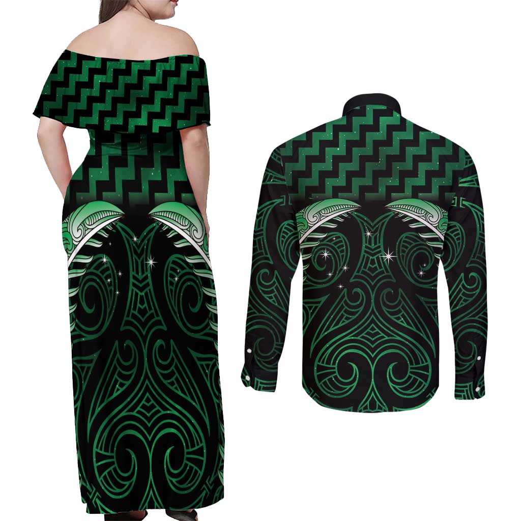 Green Matariki New Zealand Couples Matching Off Shoulder Maxi Dress and Long Sleeve Button Shirt Maori Poutama Galaxy Vibes LT14 - Polynesian Pride