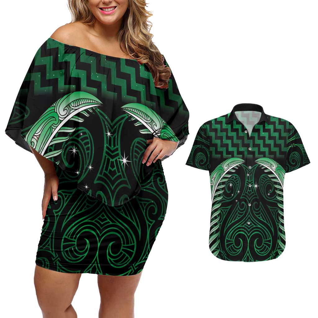 Green Matariki New Zealand Couples Matching Off Shoulder Short Dress and Hawaiian Shirt Maori Poutama Galaxy Vibes LT14 Green - Polynesian Pride