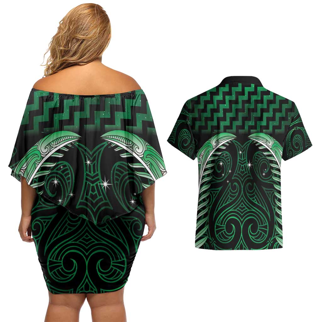Green Matariki New Zealand Couples Matching Off Shoulder Short Dress and Hawaiian Shirt Maori Poutama Galaxy Vibes LT14 - Polynesian Pride