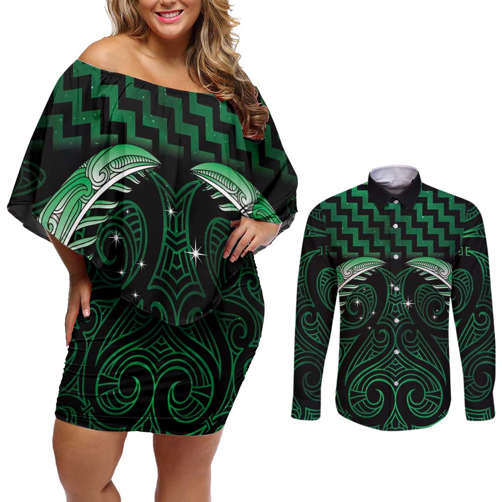 Green Matariki New Zealand Couples Matching Off Shoulder Short Dress and Long Sleeve Button Shirt Maori Poutama Galaxy Vibes LT14 Green - Polynesian Pride
