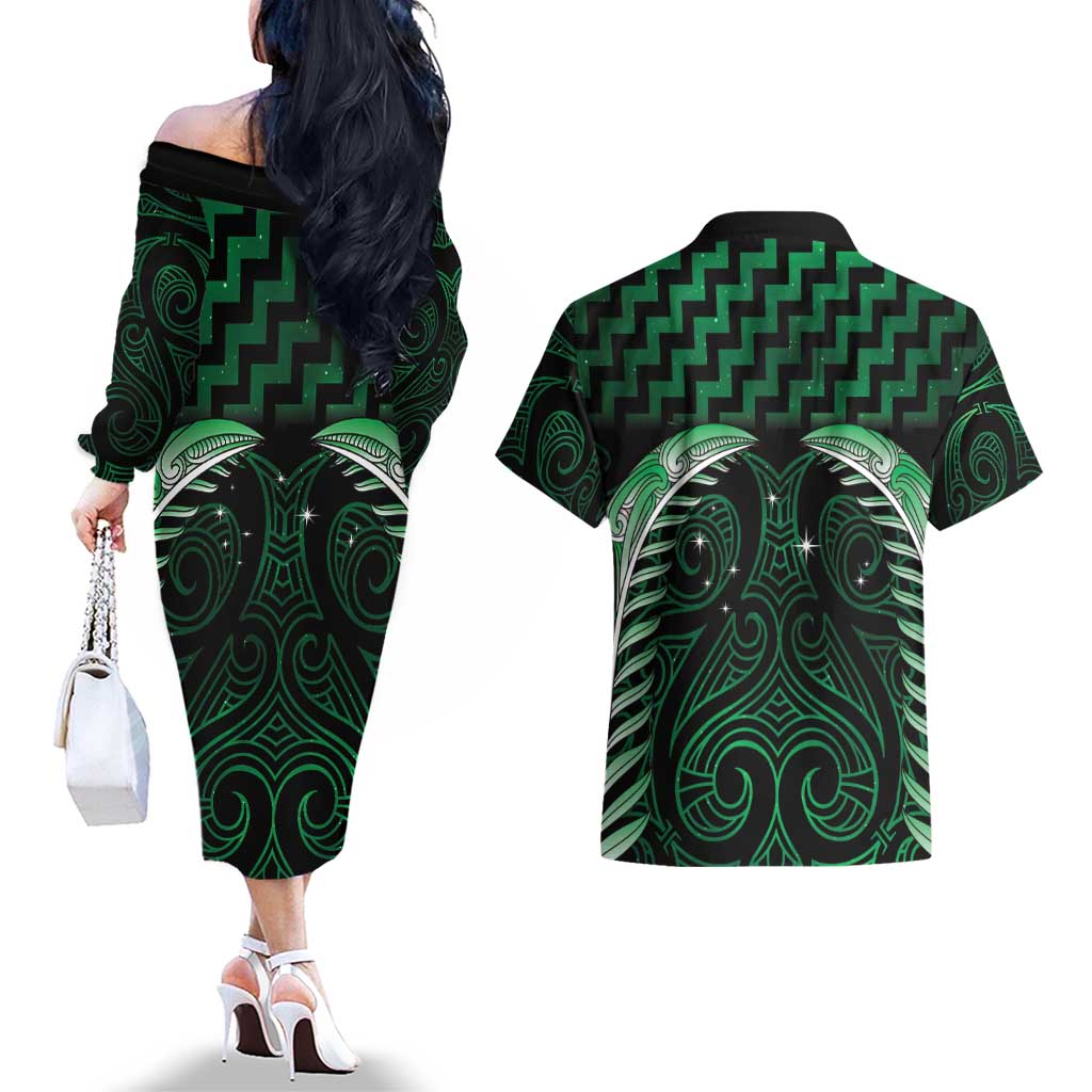 Green Matariki New Zealand Couples Matching Off The Shoulder Long Sleeve Dress and Hawaiian Shirt Maori Poutama Galaxy Vibes LT14 - Polynesian Pride
