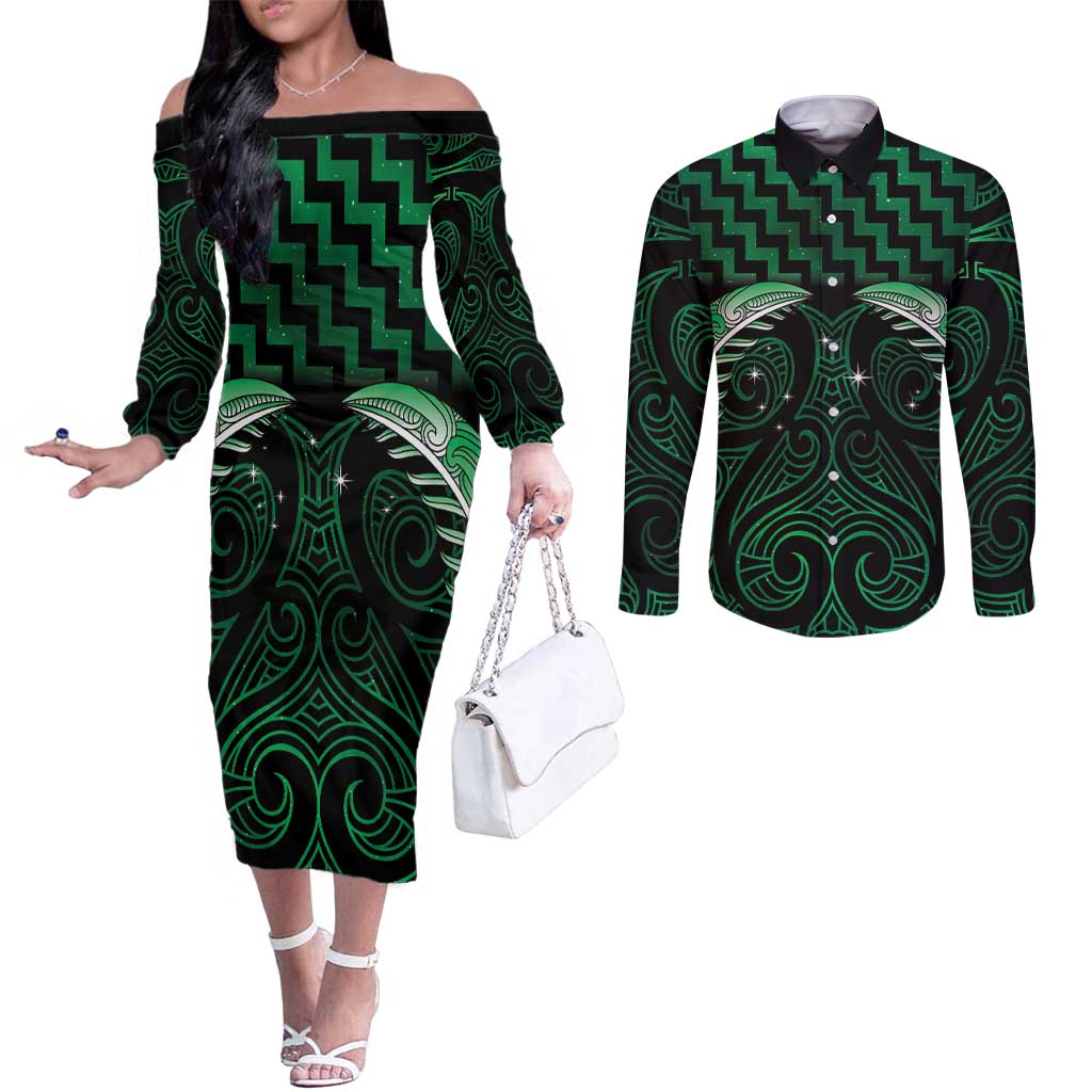 Green Matariki New Zealand Couples Matching Off The Shoulder Long Sleeve Dress and Long Sleeve Button Shirt Maori Poutama Galaxy Vibes LT14 Green - Polynesian Pride
