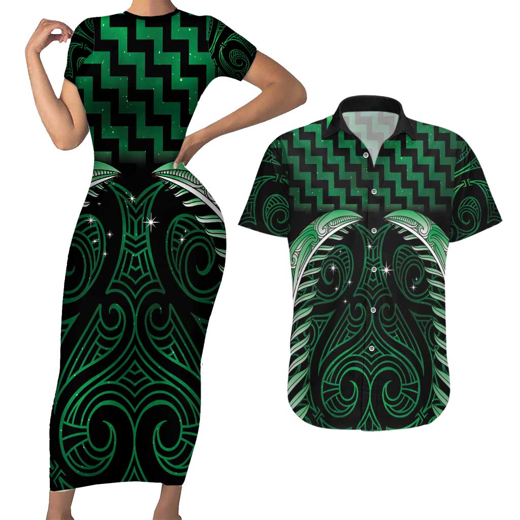 Green Matariki New Zealand Couples Matching Short Sleeve Bodycon Dress and Hawaiian Shirt Maori Poutama Galaxy Vibes LT14 Green - Polynesian Pride