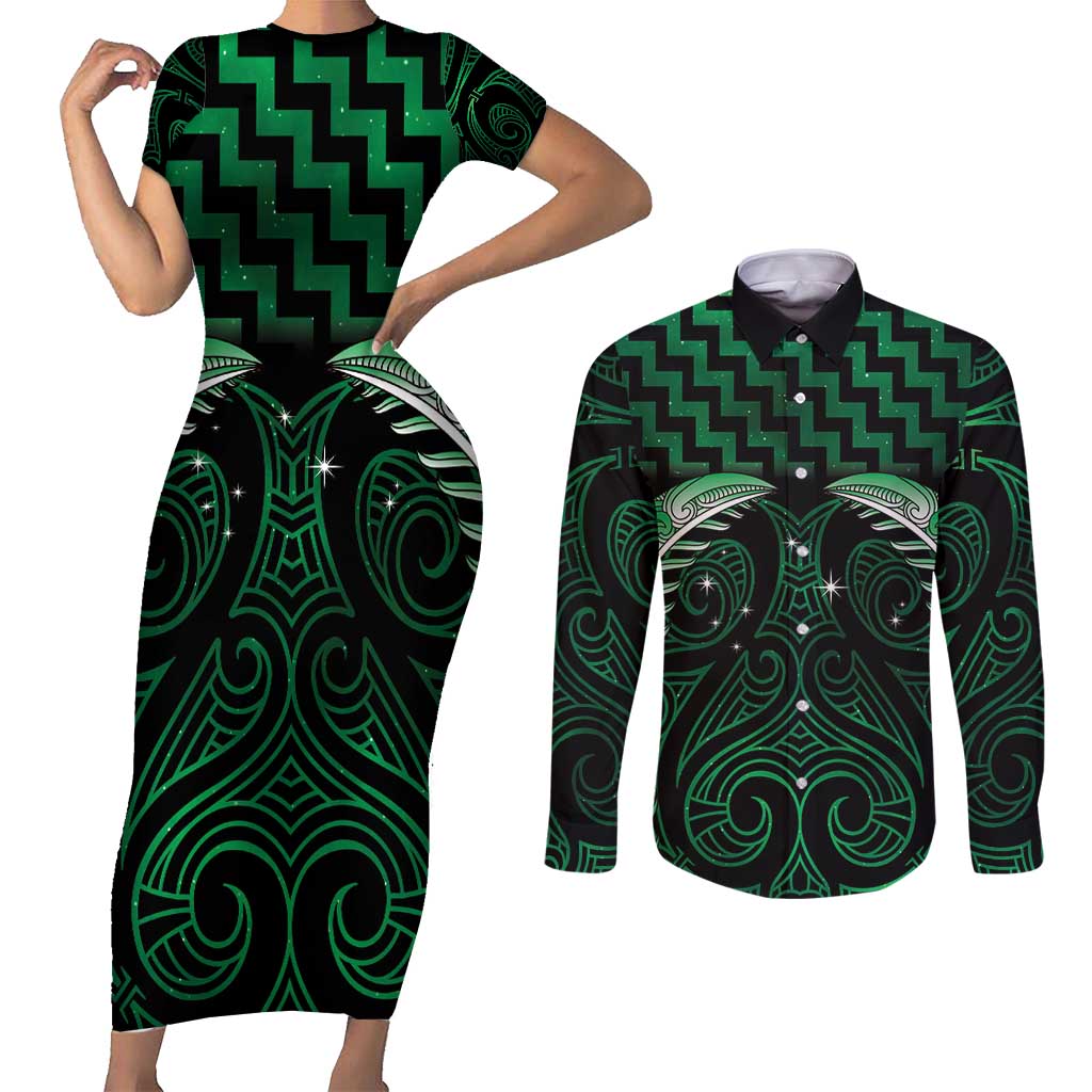 Green Matariki New Zealand Couples Matching Short Sleeve Bodycon Dress and Long Sleeve Button Shirt Maori Poutama Galaxy Vibes LT14 Green - Polynesian Pride