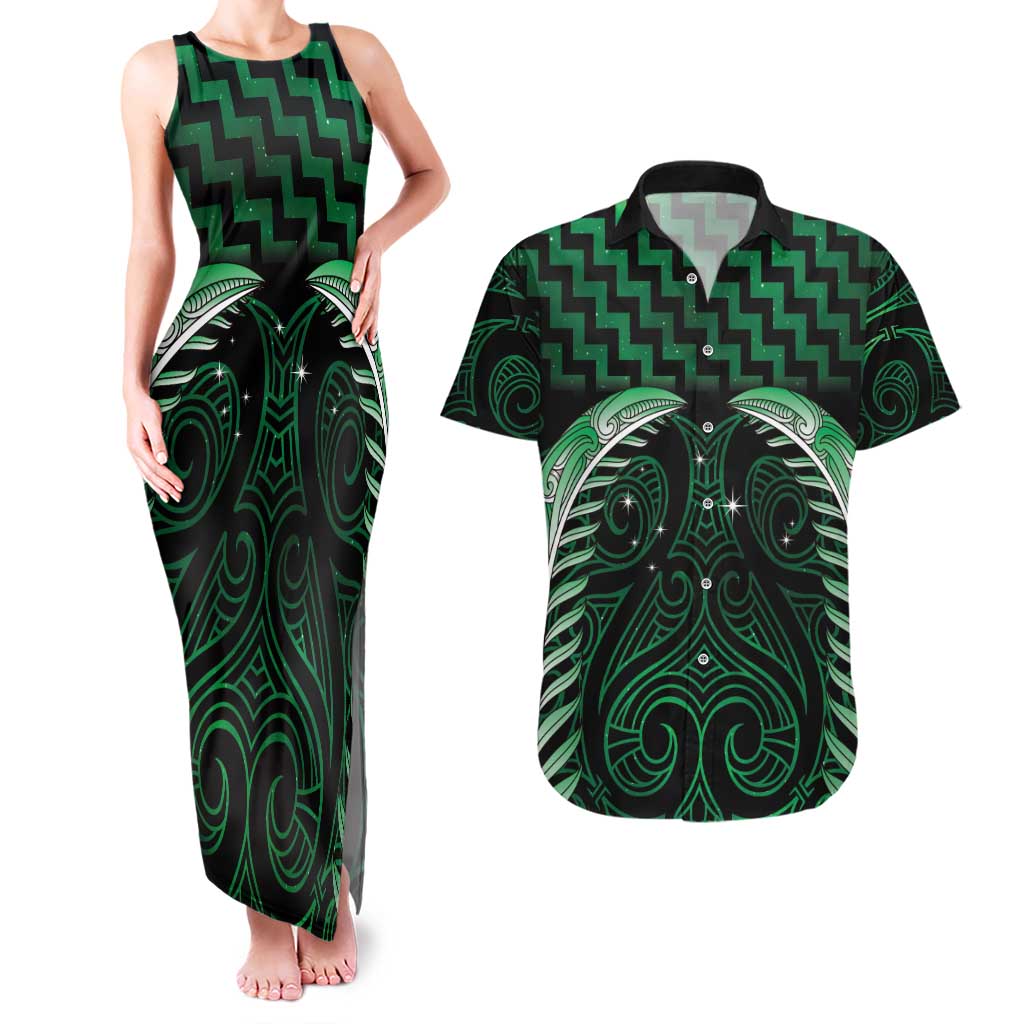 Green Matariki New Zealand Couples Matching Tank Maxi Dress and Hawaiian Shirt Maori Poutama Galaxy Vibes LT14 Green - Polynesian Pride