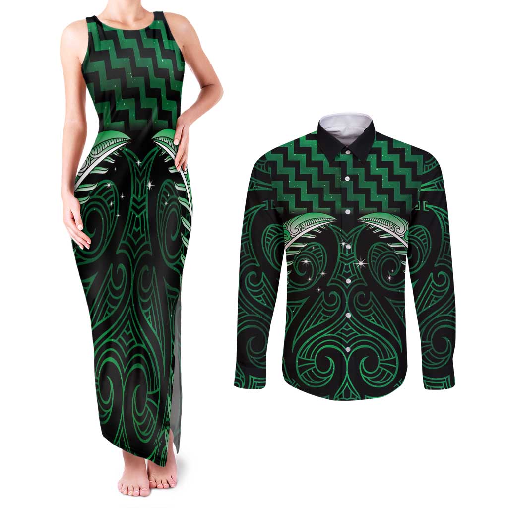 Green Matariki New Zealand Couples Matching Tank Maxi Dress and Long Sleeve Button Shirt Maori Poutama Galaxy Vibes LT14 Green - Polynesian Pride