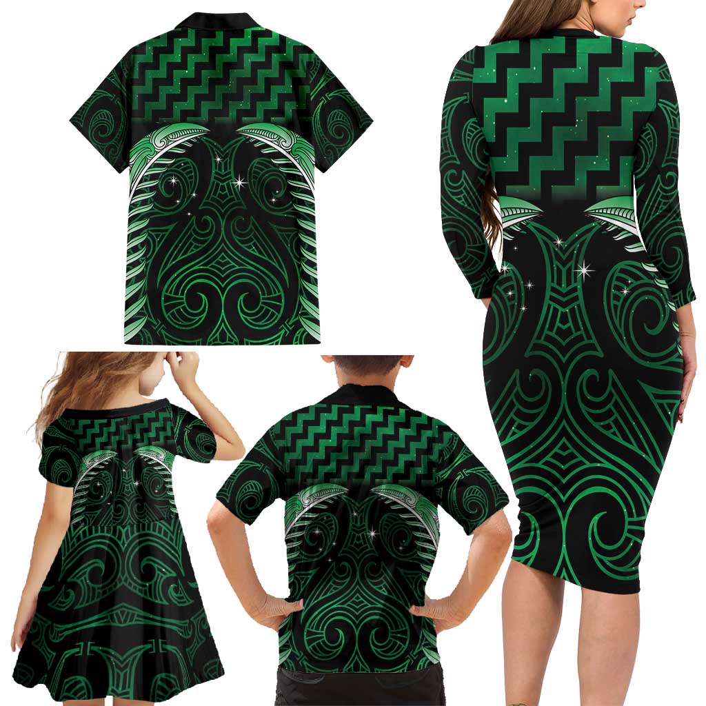 Green Matariki New Zealand Family Matching Long Sleeve Bodycon Dress and Hawaiian Shirt Maori Poutama Galaxy Vibes LT14 - Polynesian Pride