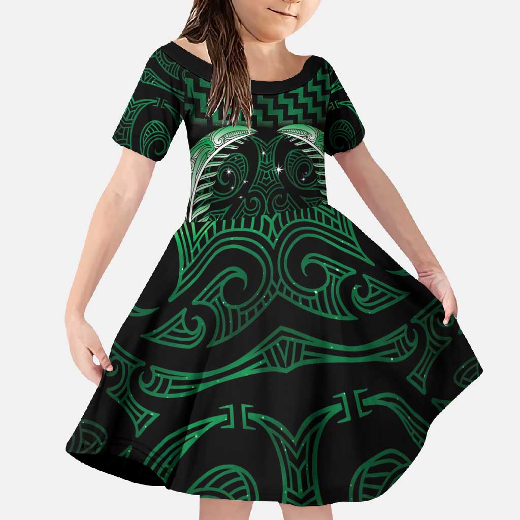 Green Matariki New Zealand Family Matching Mermaid Dress and Hawaiian Shirt Maori Poutama Galaxy Vibes LT14 Daughter's Dress Green - Polynesian Pride
