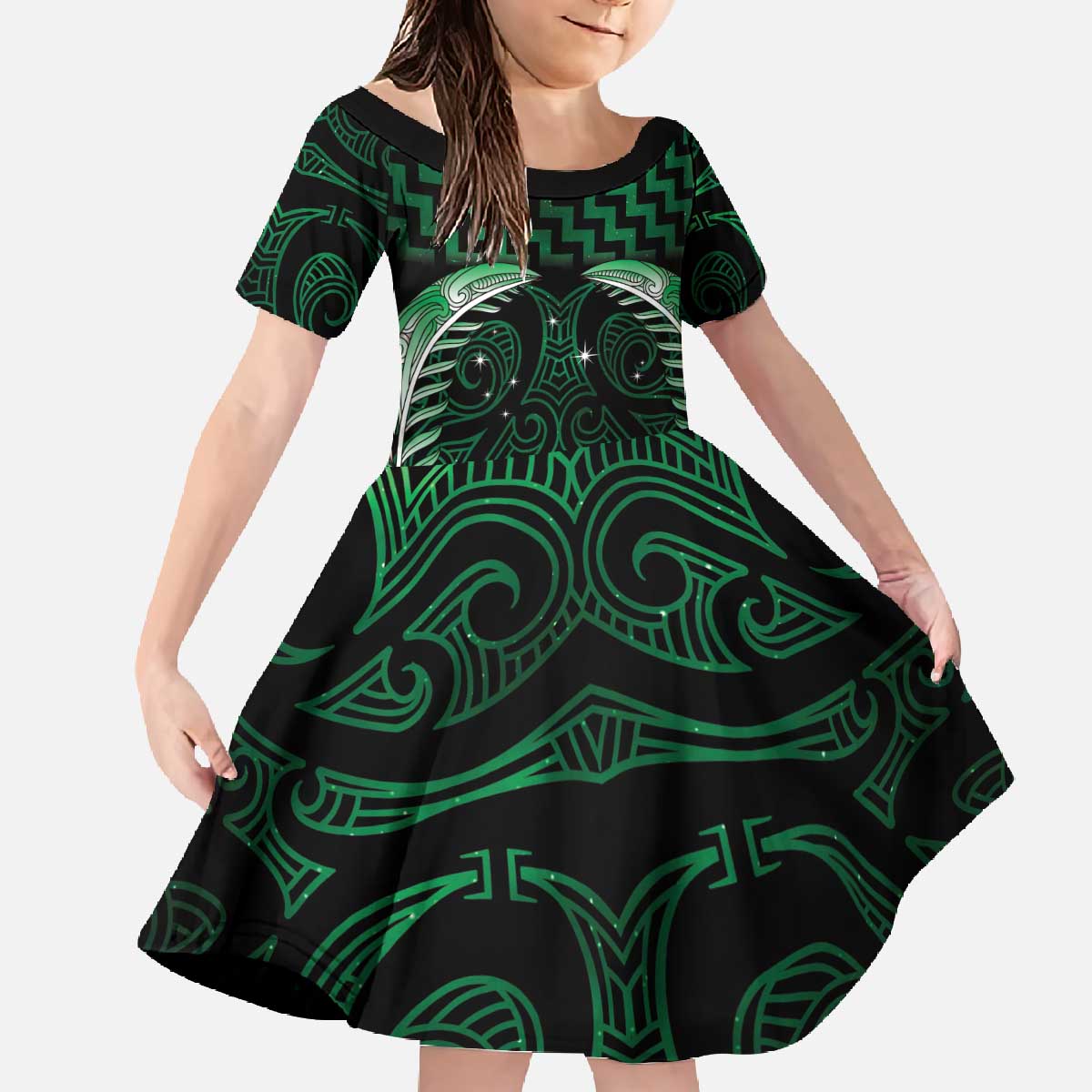 Green Matariki New Zealand Family Matching Off The Shoulder Long Sleeve Dress and Hawaiian Shirt Maori Poutama Galaxy Vibes LT14 Daughter's Dress Green - Polynesian Pride