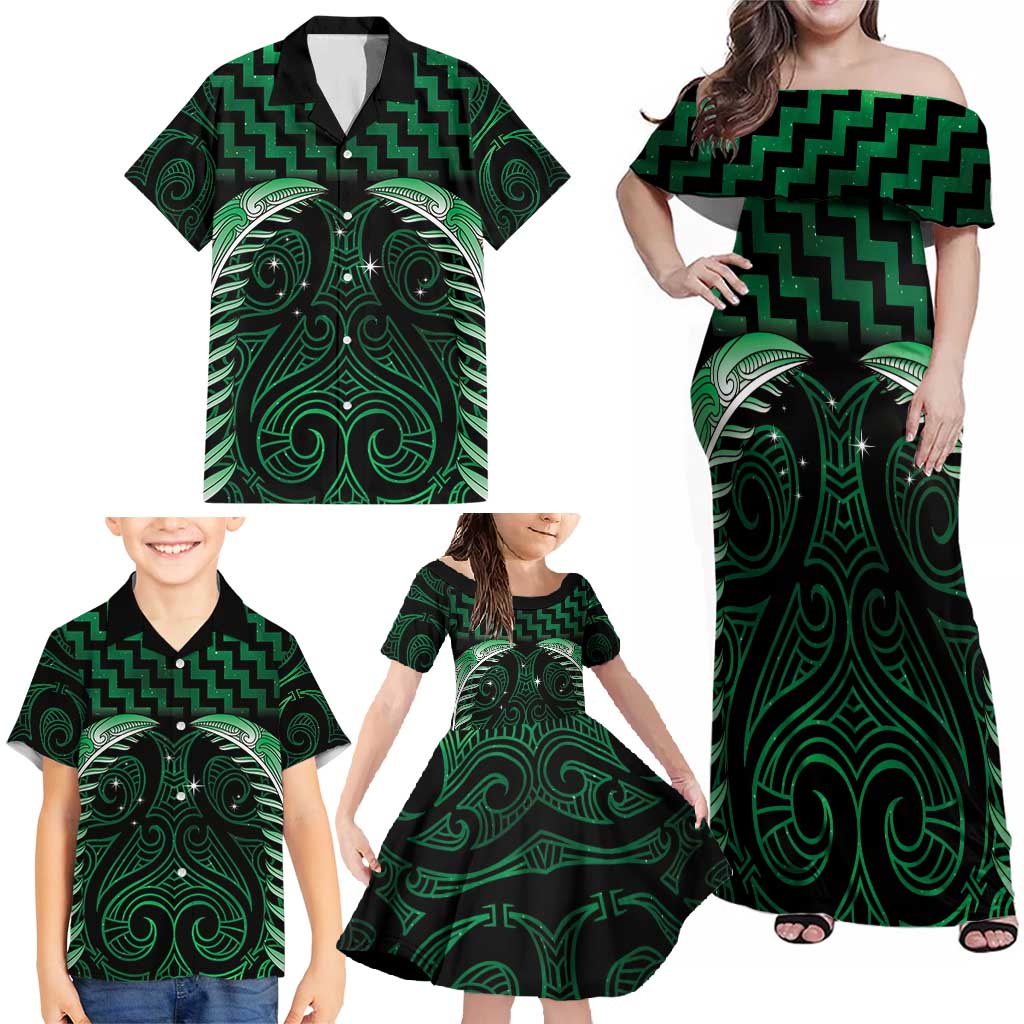 Green Matariki New Zealand Family Matching Off Shoulder Maxi Dress and Hawaiian Shirt Maori Poutama Galaxy Vibes LT14 - Polynesian Pride